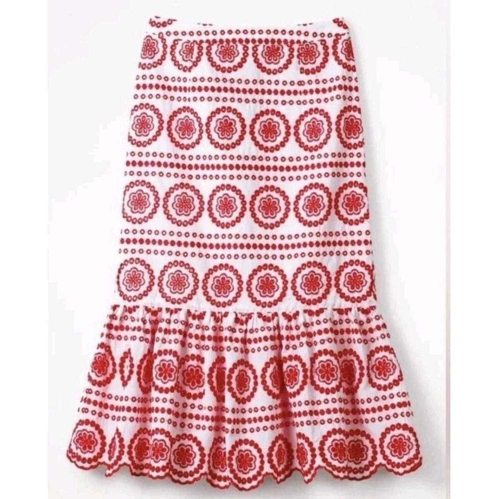 Boden Broderie Embroidered Scalloped Lined Midi Skirt Red White Petite 2P Boho
